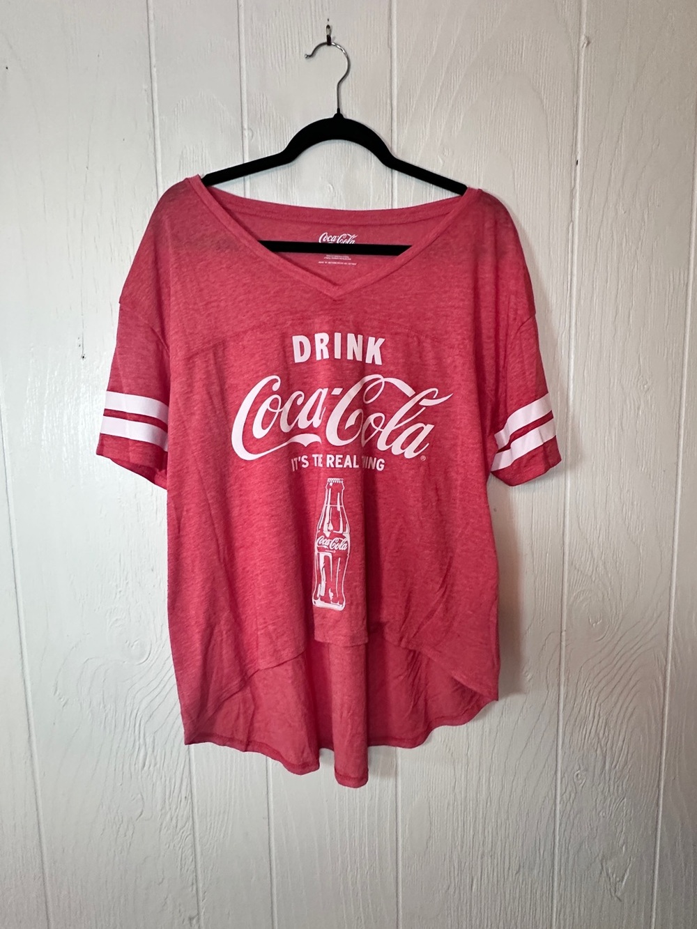 Coca Cola Women's Red V-Neck Tee breathable 53% cotton